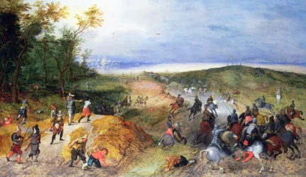 Cavalaria atacando carroças puxadas por cavalos (painel)